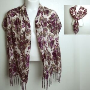 Casual Fringed End Scarf Purple Floral  70"×20"